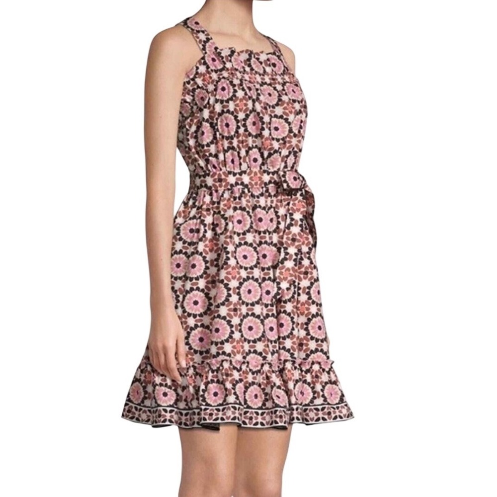 Kate Spade New York Floral Poplin Dress Belted Ruffle Neck Sleeveless Women Sz 2
